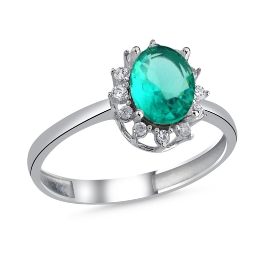 Ürün resmi: Rodyum Kaplama Paraiba Zirkon Taşlı & Halo Tektaş Gümüş Bayan Yüzük