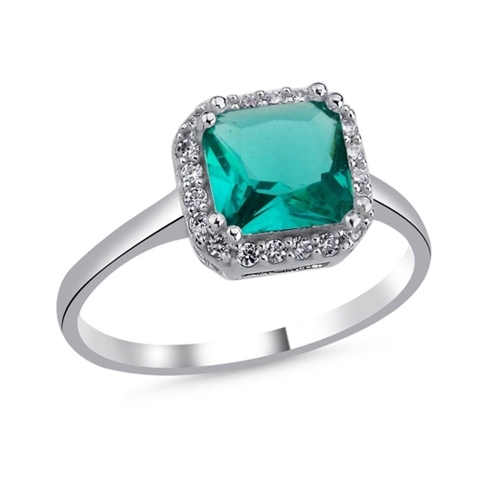 Ürün resmi: Rodyum Kaplama Paraiba Kare Zirkon Taşlı & Halo Tektaş Gümüş Bayan Yüzük