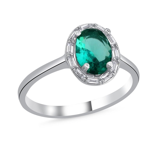 Ürün resmi: Rodyum Kaplama Paraiba Oval Baget Zirkon Taşlı & Halo Tektaş Gümüş Bayan Yüzük