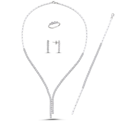 Resim Rodyum Kaplama Zirkon Taşlı Yuvarlak Kesim Su Yolu Gümüş Bayan Set