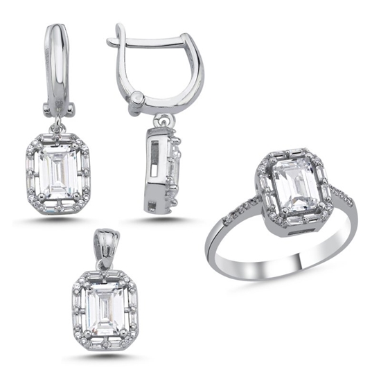 Ürün resmi: Rodyum Kaplama Baget & Halo Zirkon Taşlı Gümüş Bayan Set