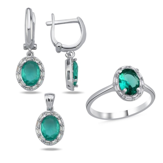 Ürün resmi: Rodyum Kaplama Paraiba Oval Kesim & Halo Baget Zirkon Taşlı Gümüş Bayan Set