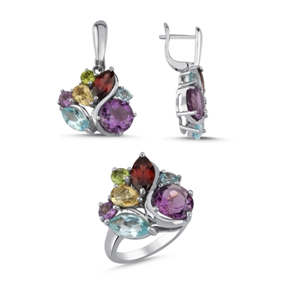 Resim Rodyum Kaplama Peridot, Garnet, Sitrin, Akuamarin & Ametist Taşlı Gümüş Bayan Set