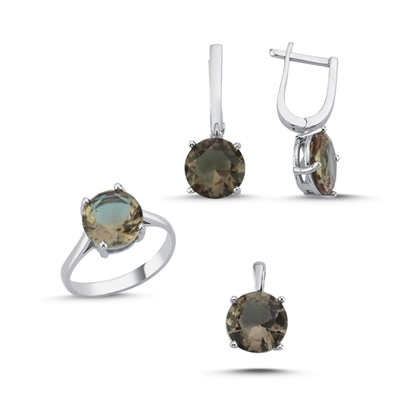 Resim Rodyum Kaplama 10mm Zultanit Zirkon Taşlı Gümüş Bayan Set