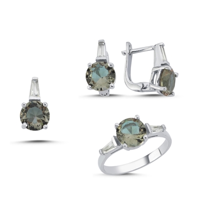 Resim Rodyum Kaplama 8mm Yuvarlak Zultanit & Zirkon Taşlı Gümüş Bayan Set