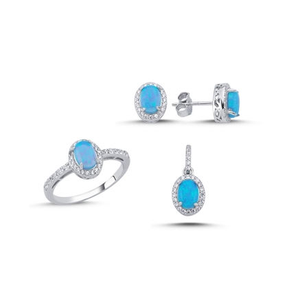 Resim Rodyum Kaplama Açık Mavi Opal Zirkon Taşlı Gümüş Bayan Set