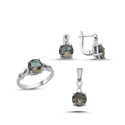Resim Rodyum Kaplama 8mm Yuvarlak Zultanit & Zirkon Taşlı Sonsuzluk Gümüş Bayan Set