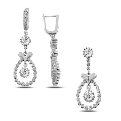 Resim Rodyum Kaplama Zirkon Taşlı Sallantılı Gümüş Bayan Set