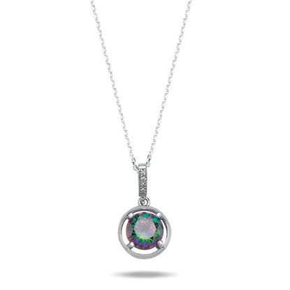 Resim 11mm Mistik Topaz Yuvarlak & Zirkon Taşlı Tektaş Gümüş Bayan Kolye