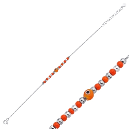 Resim Rodyum Kaplama Turuncu Göz & Gümüş Bayan Miyuki Bileklik