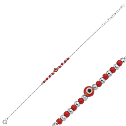 Resim Rodyum Kaplama Kırmızı Göz & Gümüş Bayan Miyuki Bileklik