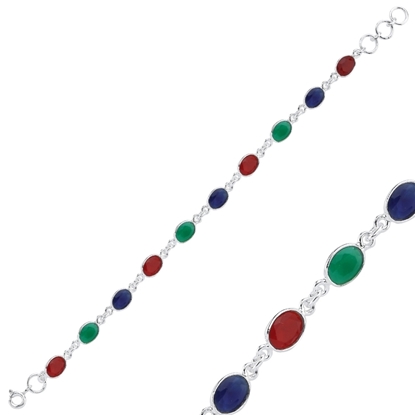 Resim Kök Safir, Zümrüt, Yakut & Oval Doğal Taşlı Gümüş Bayan Bileklik