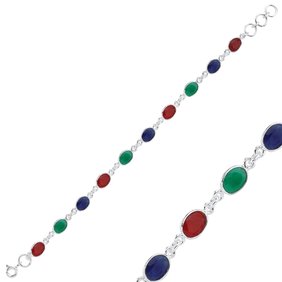 Ürün resmi: Kök Safir, Zümrüt, Yakut & Oval Doğal Taşlı Gümüş Bayan Bileklik