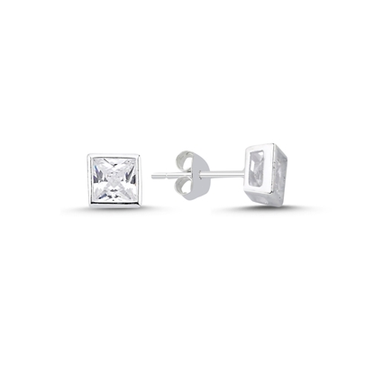 Resim Rodyum Kaplama 6mm Zirkon & Tektaş Gümüş Küpe