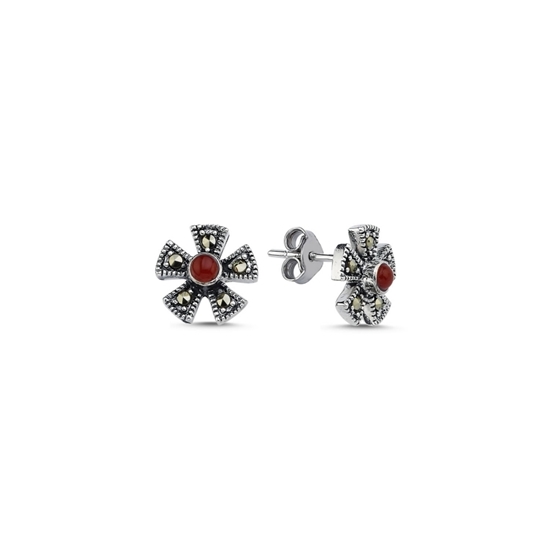 Ürün resmi: Markazit & Kırmızı Akik Taşlı Çiçek Gümüş Küpe