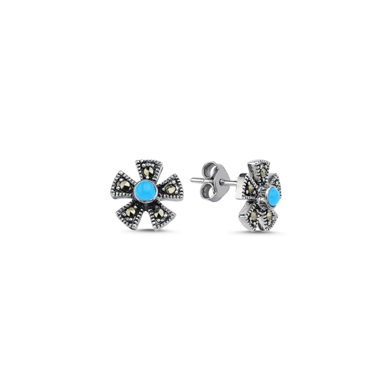 Ürün resmi: Markazit & Mavi Turkuaz Taşlı Çiçek Gümüş Küpe