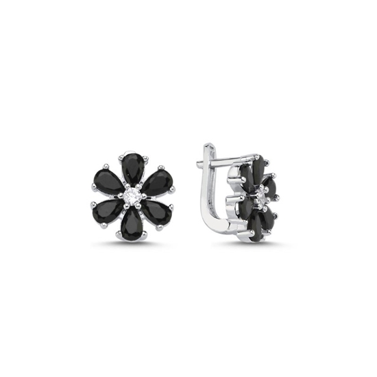 Ürün resmi: Rodyum Kaplama Siyah Zirkon Taşlı Çiçek Gümüş J Küpe