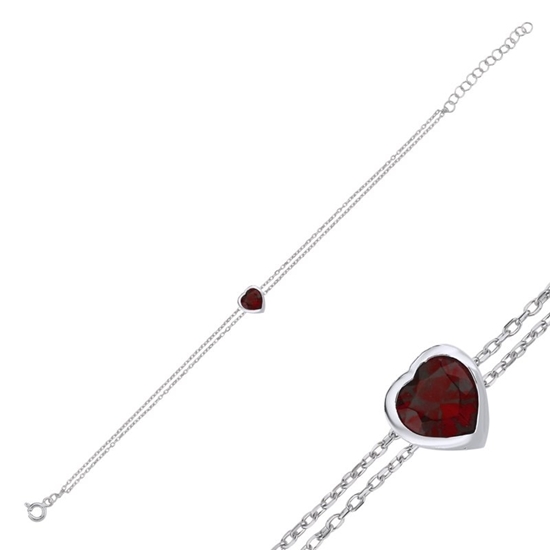 Ürün resmi: Rodyum Kaplama Garnet Zirkon (Kırmızı) Tektaş Kalp Zirkon Taşlı Gümüş Bayan Zincir Bileklik