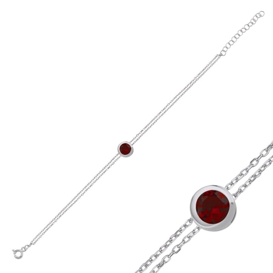 Ürün resmi: Rodyum Kaplama Garnet Zirkon (Kırmızı) Tektaş Zirkon Taşlı Gümüş Bayan Zincir Bileklik