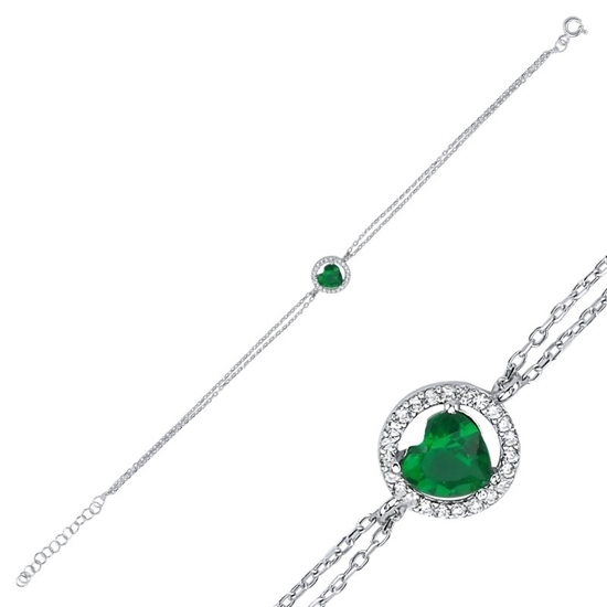 Ürün resmi: Zümrüt Zirkon (Yeşil) Kalp Renkli Zirkon Taşlı Halo Tektaş Gümüş Bayan Bileklik