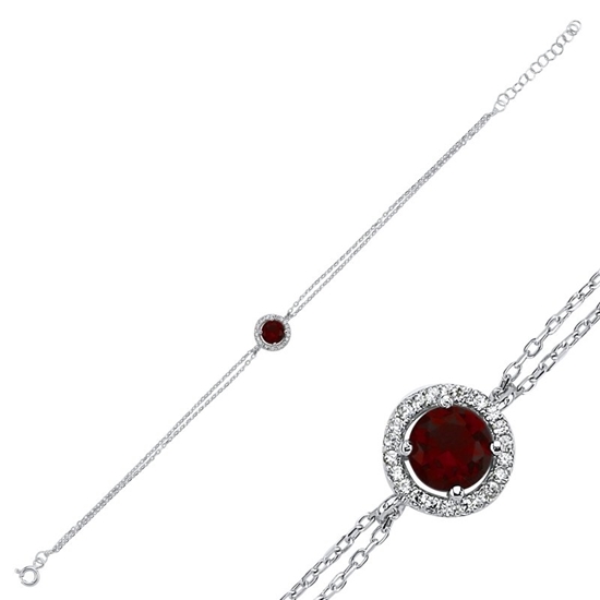 Ürün resmi: Rodyum Kaplama Garnet Zirkon (Kırmızı) Halo Tektaş Renkli Zirkon Taşlı Gümüş Bayan Bileklik