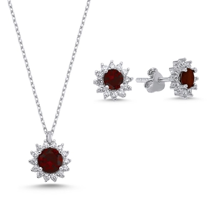 Resim Rodyum Kaplama Garnet Zirkon (Kırmızı) Halo Tektaş Renkli Zirkon Taşlı Gümüş Bayan Set