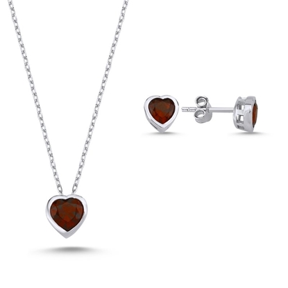 Resim Rodyum Kaplama Garnet Zirkon (Kırmızı) Kalp Renkli Zirkon Taşlı Tektaş Gümüş Bayan Set