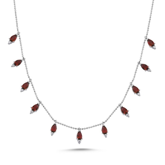Ürün resmi: Rodyum Kaplama Damla Garnet Zirkon Taşlı Sallantılı Şans Gümüş Bayan Kolye
