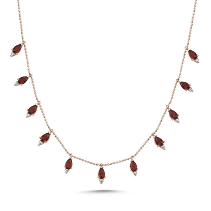 Resim Rose Kaplama Damla Garnet Zirkon Taşlı Sallantılı Şans Gümüş Bayan Kolye