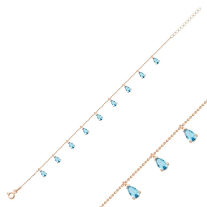 Resim Rose Kaplama Damla Akuamarin Zirkon Taşlı Sallantılı Şans Gümüş Bayan Bileklik