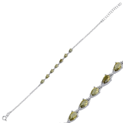 Resim Altın Kaplama Olive Damla & Zirkon Taşlı Doç Zincirli Gümüş Bayan Bileklik