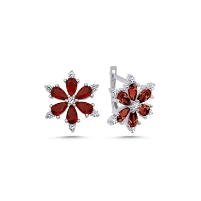 Resim Rodyum Kaplama Lotus Çiçeği Garnet Zirkon Taşlı Gümüş Küpe