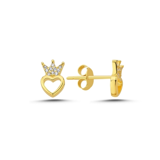 Ürün resmi: Altın Kaplama Taç & Kalp Zirkon Taşlı Gümüş Küpe
