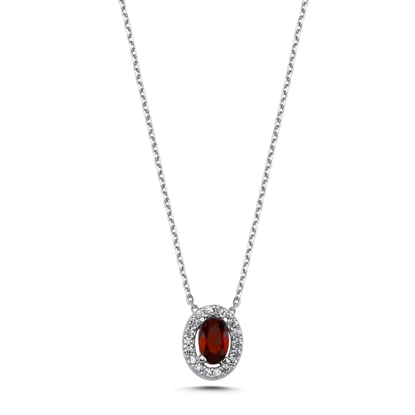 Resim Rodyum Kaplama Garnet Zirkon (Kırmızı) Taşlı Oval Renkli Zirkon Halo Tektaş Gümüş Bayan Kolye