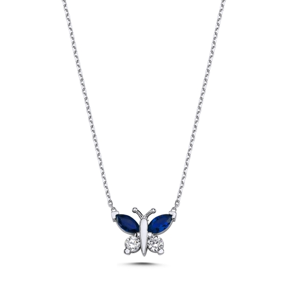 Ürün resmi: Rodyum Kaplama Akuamarin Zirkon (Açık Mavi) Kelebek Renkli Zirkon Taşlı Gümüş Bayan Kolye