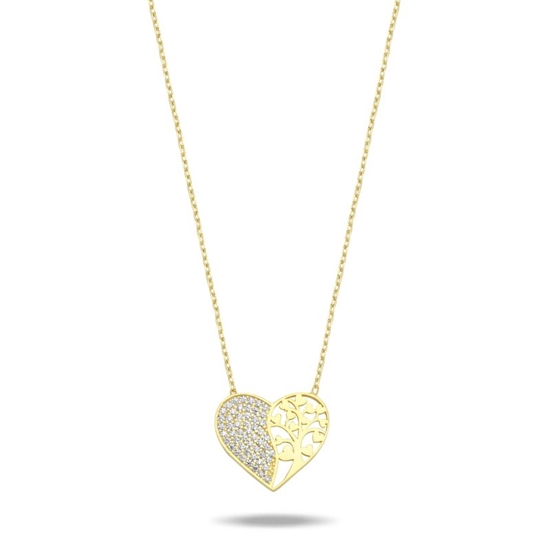Ürün resmi: Altın Kaplama Kalp & Ağaç Zirkon Taşlı Gümüş Bayan Kolye