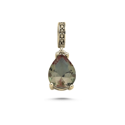 Resim Altın Kaplama 8x10mm Damla Zultanit Zirkon Tektaş Gümüş Bayan Kolye Ucu