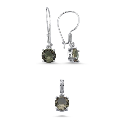 Resim Rodyum Kaplama 8mm Yuvarlak Zultanit Zirkon Tektaş Gümüş Bayan Set