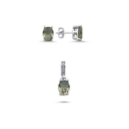 Resim Rodyum Kaplama 6x8mm Oval Zultanit Zirkon Tektaş Gümüş Bayan Set