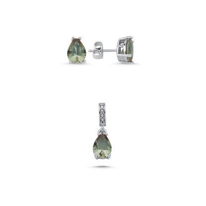 Resim Rodyum Kaplama 6x8mm Damla Zultanit Zirkon Tektaş Gümüş Bayan Set