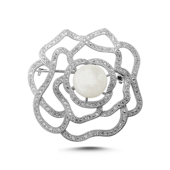 Ürün resmi: Rodyum Kaplama Hakiki İnci & Zirkon Taşlı Çiçek Tasarımlı Gümüş Broş