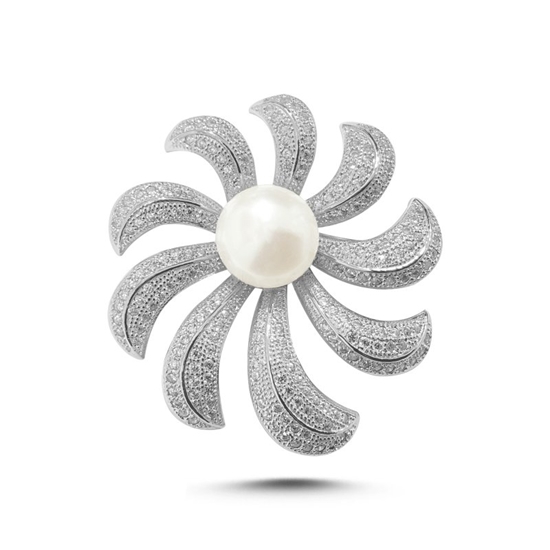 Ürün resmi: Rodyum Kaplama Hakiki İnci & Zirkon Taşlı Çiçek Tasarımlı Gümüş Broş